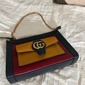 Gucci GG Dahlia Tricolor Leather Shoulder Bag - Mustard, Burgundy, deep blue